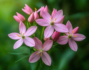 Close-up of small pink star-shaped flowers with buds on a green blurred background, evoking freshness and natural beauty