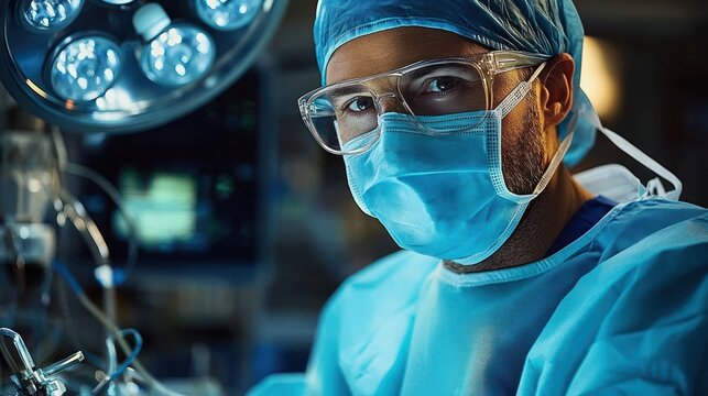 Focused male surgeon wearing protective eyeglasses, surgical cap, mask, and blue scrubs in operating room with surgical lights in background