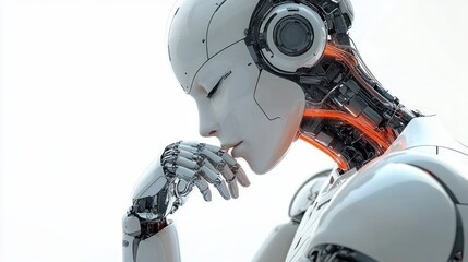 futuristic humanoid robot in a thoughtful pose with exposed mechanical parts and glowing orange cables inside its neck and hand against a white background
