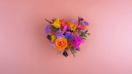Colorful floral arrangement in heart shape on soft pink background