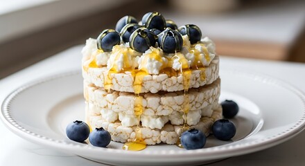 Delicious layered rice cakes topped with creamy cheese, fresh blueberries, and a drizzle of honey.