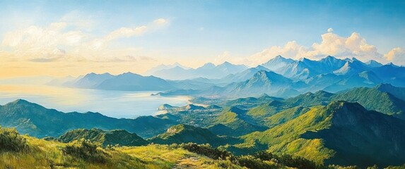 Vivid panorama of green mountainous landscape with distant blue peaks under a soft cloudy sky beside a calm sea shore during daylight