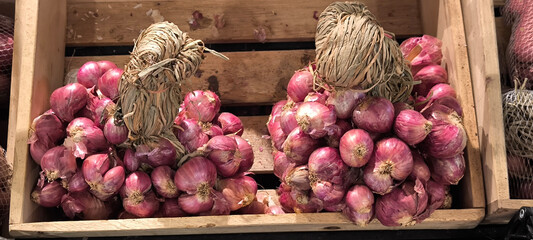 Shallots in a fresh vegetable shop
