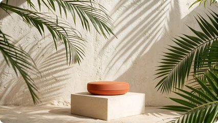 Fototapeta premium Terracotta oval object on pedestal with palm leaves