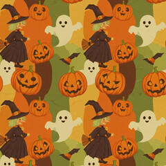 Spooky retro Halloween pattern with playful witch on broomstick, friendly ghost, and pumpkin. Seamless cartoon background for autumn holiday celebration and festive decoration