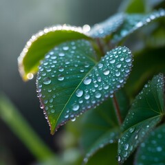 Fresh Dew on Leaf Surface – Nature’s Early Morning Beauty, Close-up macro shot of dew drops glistening on a green leaf in the morning sunlight, Fresh water droplets resting on the surface of a vibrant