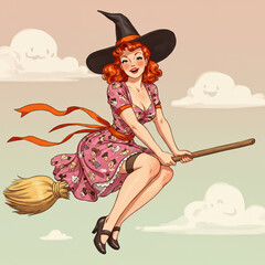 Smiling pin up witch woman riding classic broomstick. Cheerful retro Halloween illustration shows beautiful lady flying through cloudy sky with happy expression