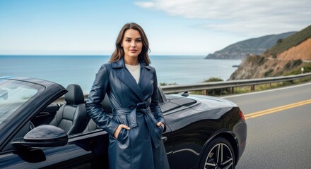 Woman in blue coat by convertible on coastal road. Ai generation