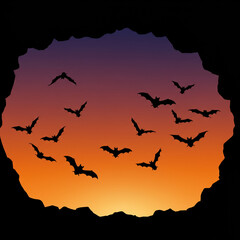 Spooky flock of bat in silhouette flying from dark cave entrance at sunset. Mysterious twilight scene perfect for halloween, showing nocturnal animal behavior