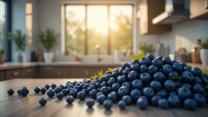 Obraz premium Fresh Blueberries Piled on a Wooden Kitchen Table with Warm Sunlight Streaming Through Windows