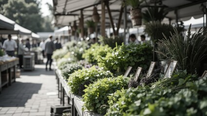 Obraz premium Lively Outdoor Market Filled with Fresh Green Herbs and Plants in a Bustling Urban Setting