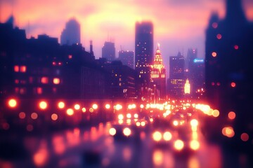 Obraz premium blurred cityscape at dusk with glowing streetlights and illuminated buildings under a colorful sky creating a warm, dreamy atmosphere