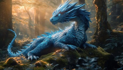 majestic blue dragon with glowing eyes resting on a moss-covered rock in a sunlit forest with dense trees and soft golden light