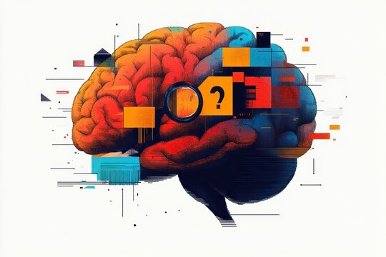 Digital illustration of a human brain with warm and cool color gradients, abstract geometric shapes, and a magnifying glass focusing on a question mark, symbolizing inquiry and cognition