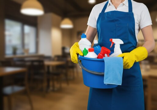 A cleaner with a bucket of cleaning supplies is ready to clean a space.