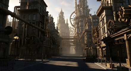 Steampunk Cityscape With Gears and Pipes