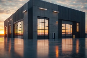 Modern industrial warehouse building with large glass windows reflecting a colorful sunset over a wet concrete surface under a cloudy sky