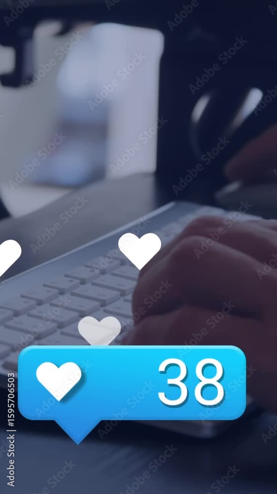 Aufkleber animation of social media data processing over caucasian man using computer