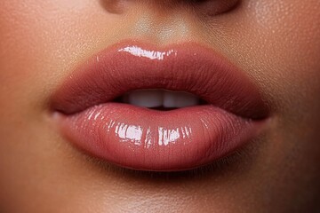 Fototapeta premium Close-up of glossy, full lips with smooth skin and natural makeup highlighting lip texture and shine