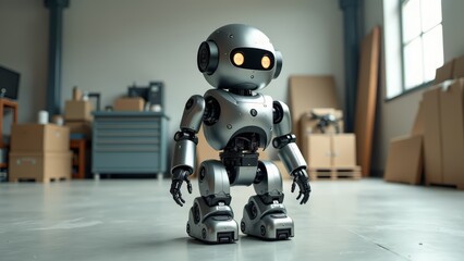 Silver robot standing on workshop floor