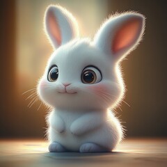 cute small white rabbit with big round eyes sitting on the floor with soft lighting and a warm blurred background expressing innocence and curiosity