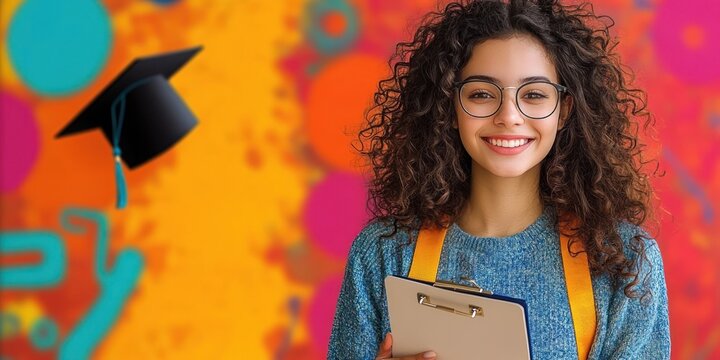 happy young woman with curly hair and glasses holding a clipboard smiling against bright colorful background with floating graduation cap