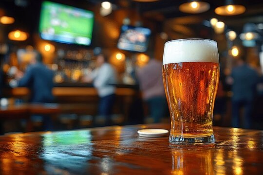 Glass of cold beer with foam on top on a wooden bar counter in a lively pub with blurred people and television screens in the background