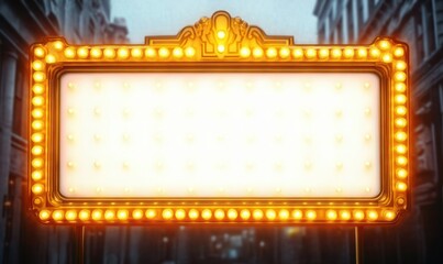 Vintage illuminated theater marquee sign with bright golden light bulbs glowing warmly on a blurred city street background at dusk