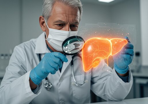 A doctor examines a digital liver model with a magnifying glass, highlighting medical research.