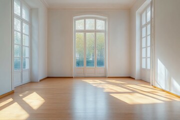 Obraz premium Empty spacious room with large arched windows, white walls, and warm sunlight casting shadows on wooden floor, bright and airy atmosphere