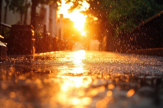 Sunlight shining through falling rain on a wet pavement creating a golden glowing effect with blurred background of plants and structures - Powered by Adobe