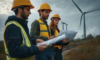 Three engineers in yellow safety vests and helmets examining blueprints outdoors near wind turbines under cloudy sky