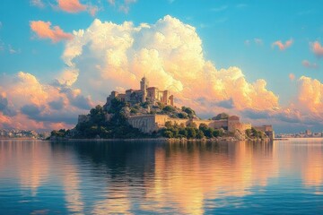Naklejka premium Historic fortress on a lush island surrounded by calm reflective water under dramatic cloud-filled sky during sunset