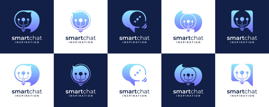 Collections of Smart Communications Logo Design Ideas. Abstract Combination of Speech Bubble Chat with Light Bulbs Concept.