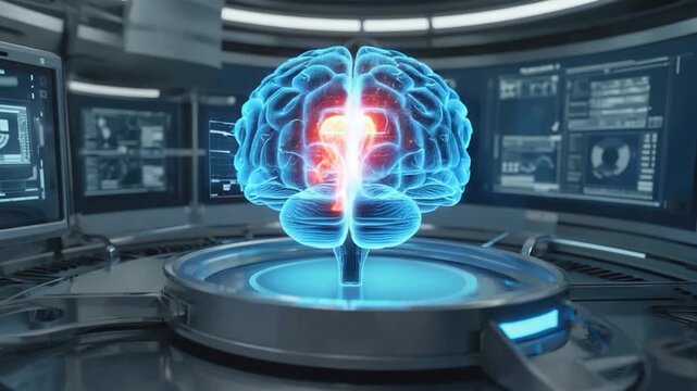Holographic brain displayed on a futuristic lab station