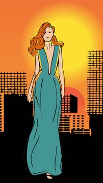 Animation of fashion drawing of model over cistyscape, on orange background
