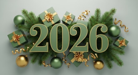 Green and gold New Year 2026 celebration with pine branches and gifts Christmas