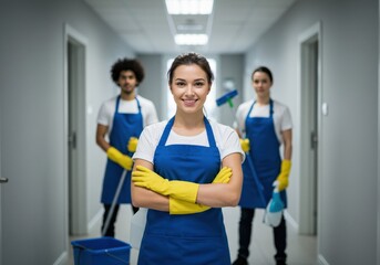 A professional cleaning team poses confidently in a brightly lit corridor, ready to provide a clean and hygienic service.