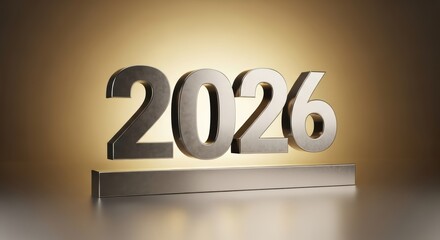 Year 2026 metallic numbers displayed on a golden illuminated platform new year