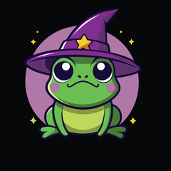 Obraz premium A cartoon frog wearing a purple witch hat with a yellow star on it