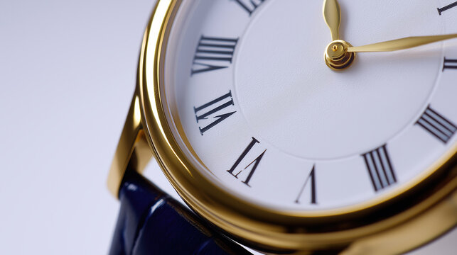 Elegant gold watch with Roman numerals and blue leather strap displayed beautifully