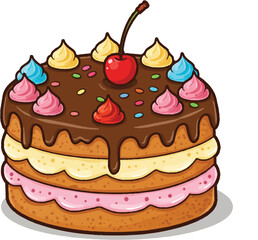 cake with cherry beautiful tasty, vector, illustration, pink, party, baked, pastry, candy, decoration, celebration, bakery
