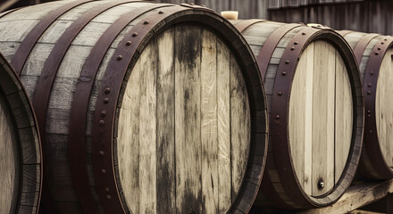 Row of Vintage Wooden Barrels Craftsmanship and Rustic Charm with aged appeal and durable construction.