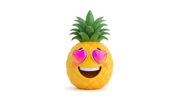 A charming, smiling pineapple emoji with heart-shaped sunglasses and a joyful expression. Showcasing cheerful fruit and lighthearted summer fun.