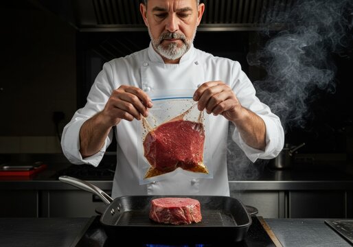 A chef grilling steak using the sous vide technique in a professional kitchen.
