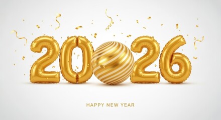Golden balloons forming 2026 number and decorative sphere with falling confetti