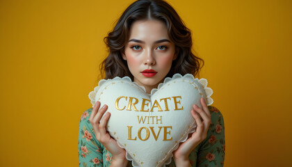 Create with Love: A portrait captures the beauty of a woman holding a heart-shaped pillow adorned with the words CREATE WITH LOVE, set against a warm, inviting backdrop.