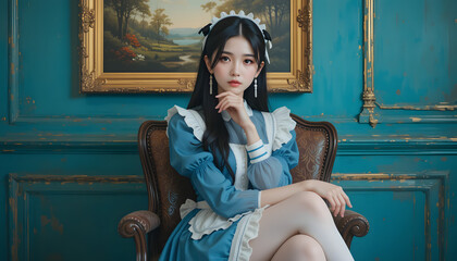 Elegant Maid in a Vintage Room: A poised young lady, clad in a sophisticated maid attire, sits gracefully in a vintage chair.