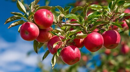 Obraz premium Ripe Apples Hanging on Tree Branch with Green Leaves
