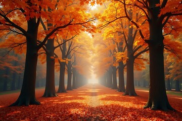 A vibrant autumn forest with colorful leaves falling, styled for seasonal or nature campaigns